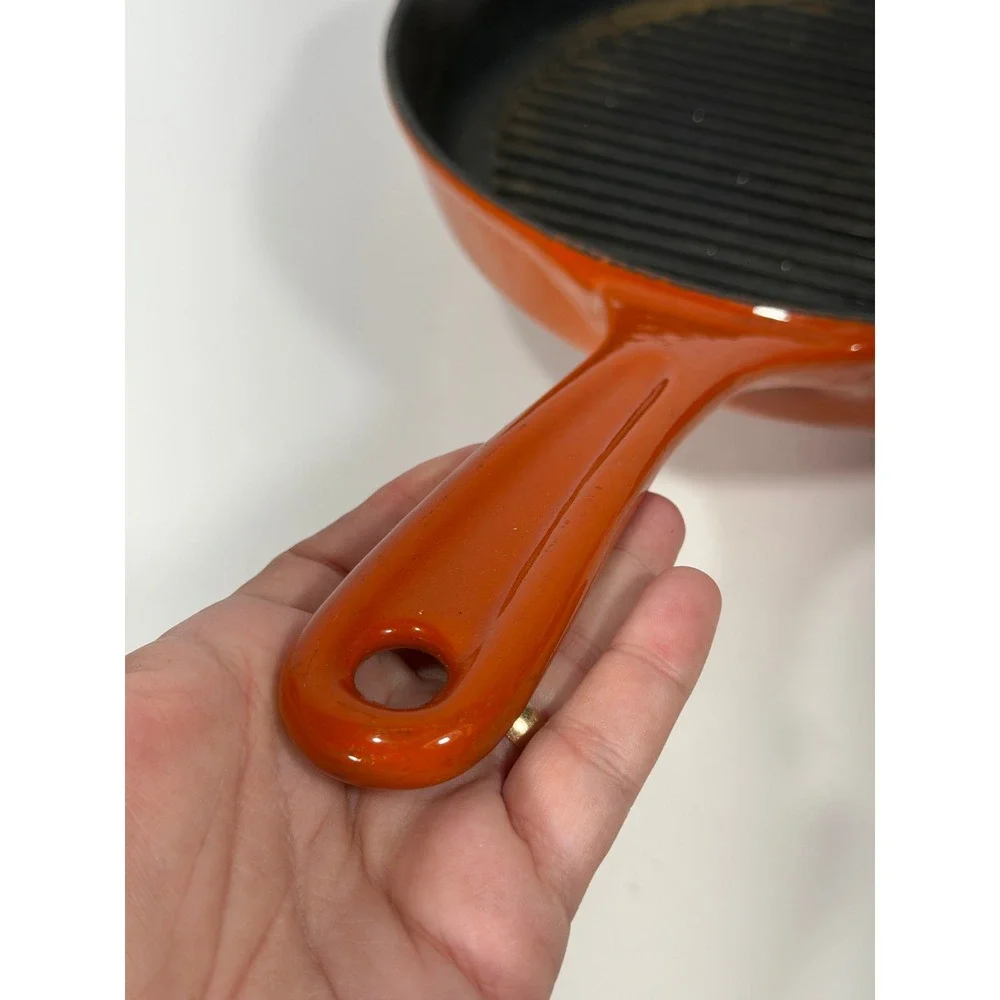 Orange Enameled Cast Iron Round Grill Pan Skillet with Ribbed Surface 10 inch